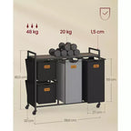 Portabiancheria con 4 scomparti, selezionatore per biancheria da 39.6 Gal. (150 L), carrello portabiancheria con ruote e ripiani, nero inchiostro e grigio tortora