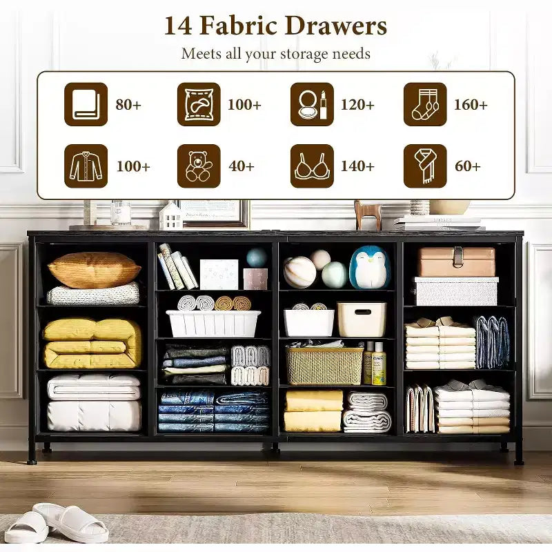 14 Drawer Dresser, 63 Inch Dresser TV Stand with Power Outlet