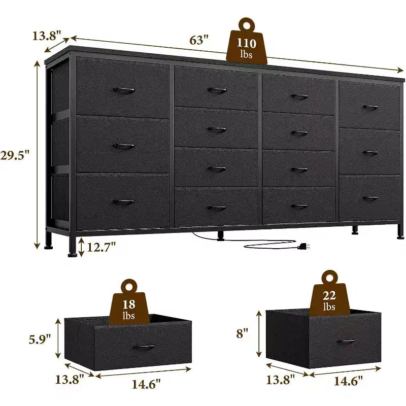 14 Drawer Dresser, 63 Inch Dresser TV Stand with Power Outlet