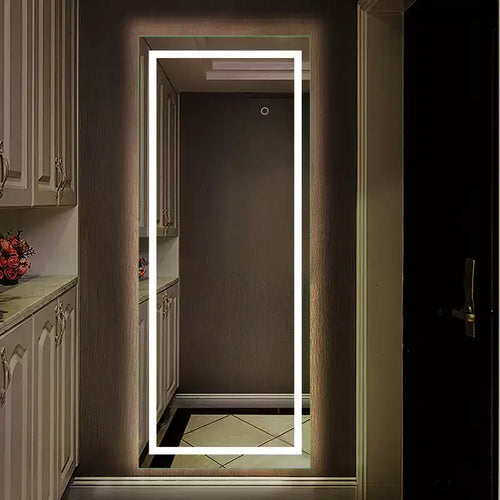 16 in. W x 63 in. H Full-Length Rectangular Frameless Vanity Mirror with Lights in Silver