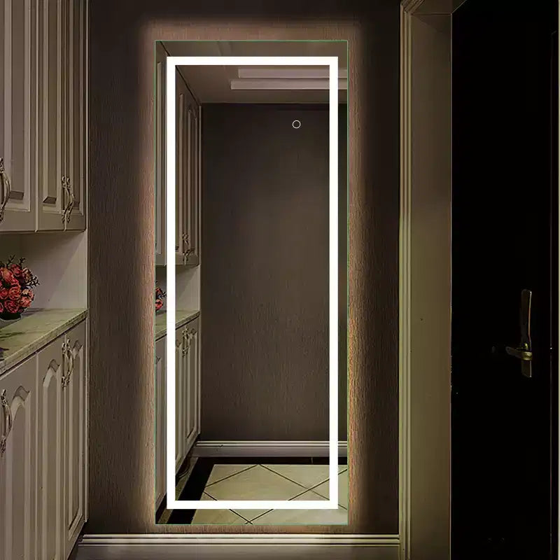 16 in. W x 63 in. H Full-Length Rectangular Frameless Vanity Mirror with Lights in Silver