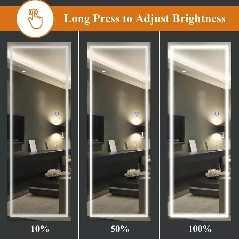 16 in. W x 63 in. H Full-Length Rectangular Frameless Vanity Mirror with Lights in Silver