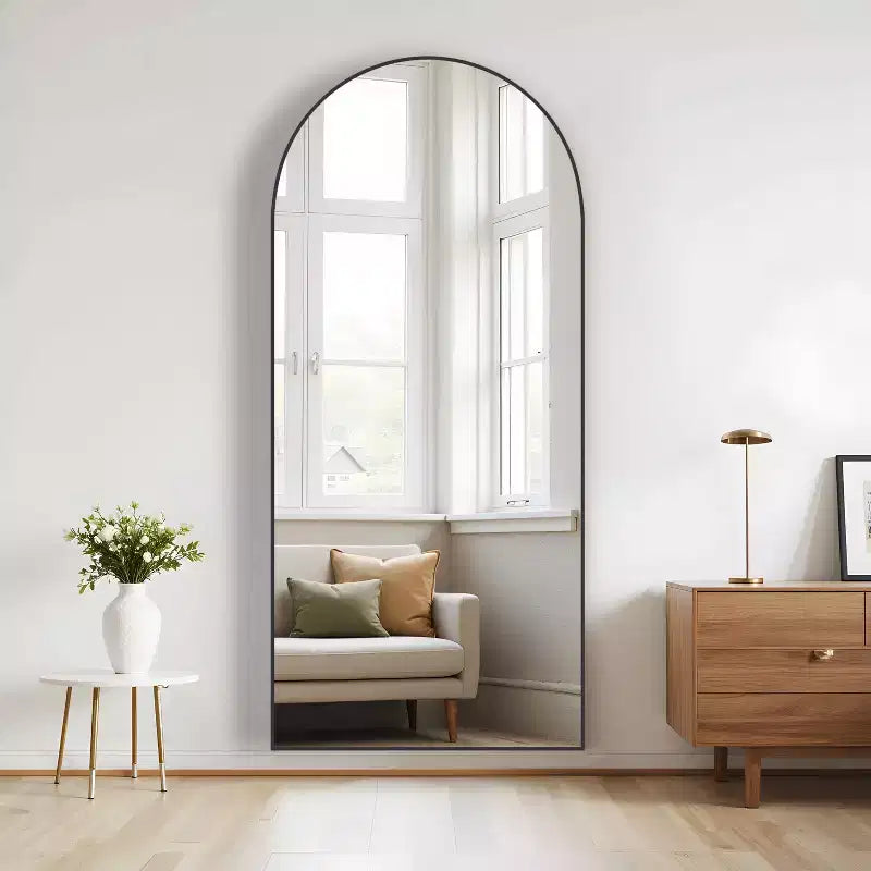 31 in. W x 71 in. H Full Length Arched Free Standing Body Mirror Metal Framed Wall Mirror Large Floor Mirror in Black