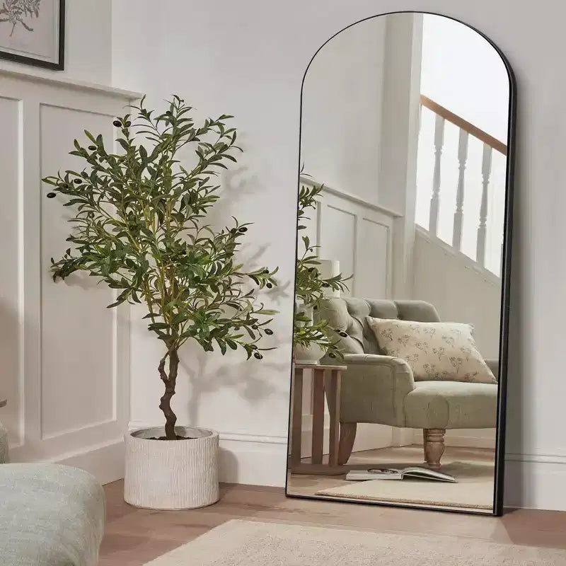 31 in. W x 71 in. H Full Length Arched Free Standing Body Mirror Metal Framed Wall Mirror Large Floor Mirror in Black