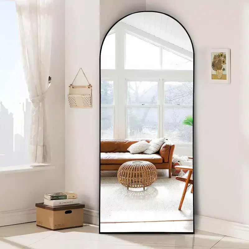 31 in. W x 71 in. H Full Length Arched Free Standing Body Mirror Metal Framed Wall Mirror Large Floor Mirror in Black