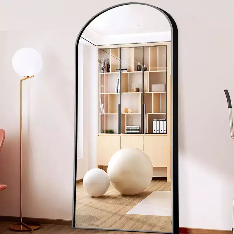31 in. W x 71 in. H Full Length Arched Free Standing Body Mirror Metal Framed Wall Mirror Large Floor Mirror in Black