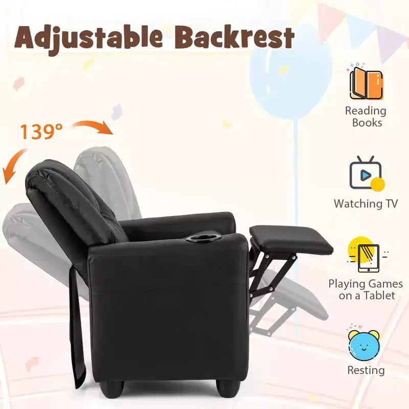 Kids Recliner Chair with Cup Holder & Side Pocket Adjustable Backrest Footrest Beige/Black/Pink/Brown