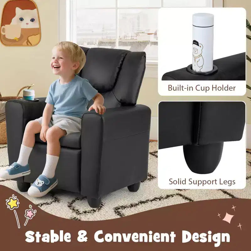 Kids Recliner Chair with Cup Holder & Side Pocket Adjustable Backrest Footrest Beige/Black/Pink/Brown