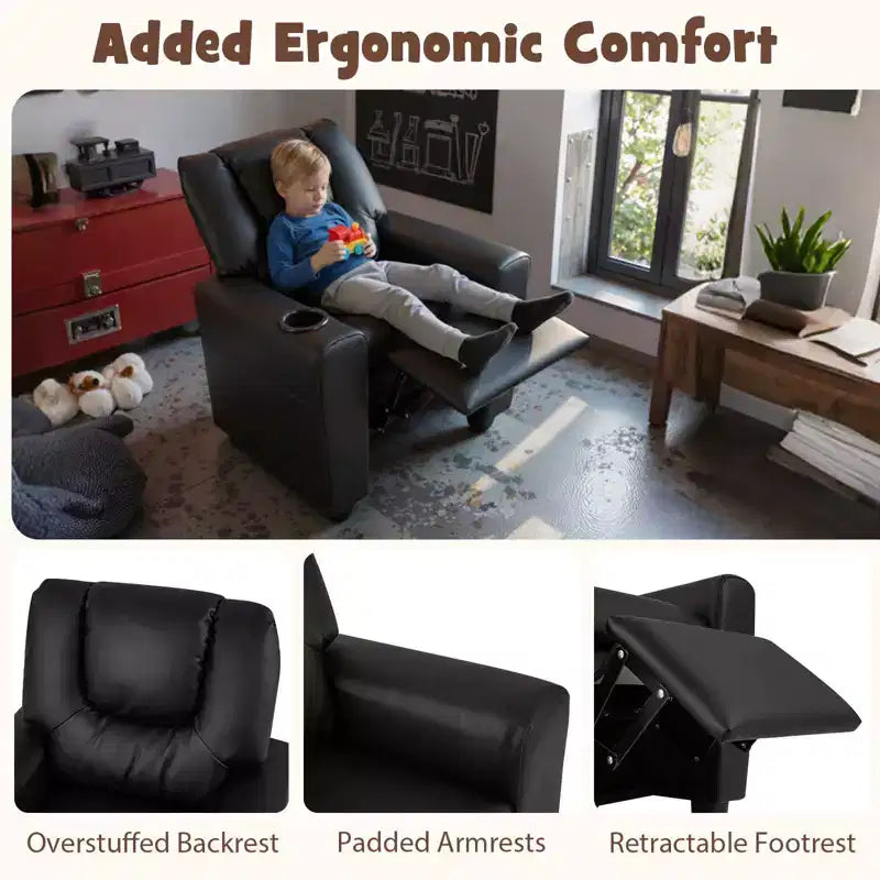 Kids Recliner Chair with Cup Holder & Side Pocket Adjustable Backrest Footrest Beige/Black/Pink/Brown