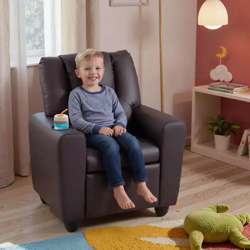 Kids Recliner Chair with Cup Holder & Side Pocket Adjustable Backrest Footrest Beige/Black/Pink/Brown