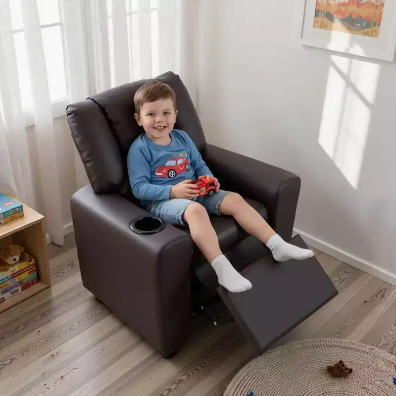 Kids Recliner Chair with Cup Holder & Side Pocket Adjustable Backrest Footrest Beige/Black/Pink/Brown