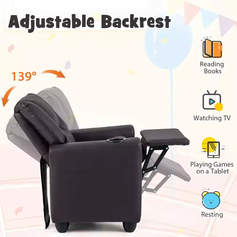 Kids Recliner Chair with Cup Holder & Side Pocket Adjustable Backrest Footrest Beige/Black/Pink/Brown