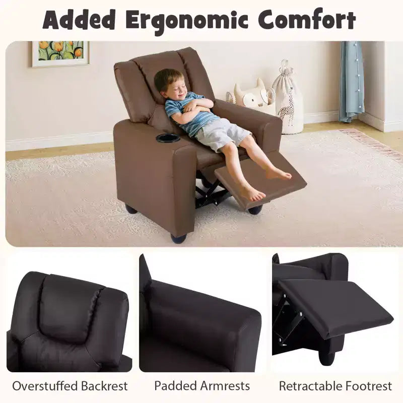 Kids Recliner Chair with Cup Holder & Side Pocket Adjustable Backrest Footrest Beige/Black/Pink/Brown