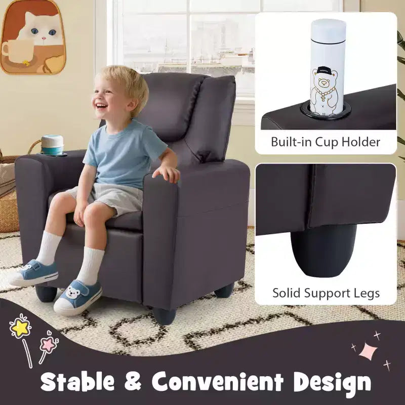 Kids Recliner Chair with Cup Holder & Side Pocket Adjustable Backrest Footrest Beige/Black/Pink/Brown