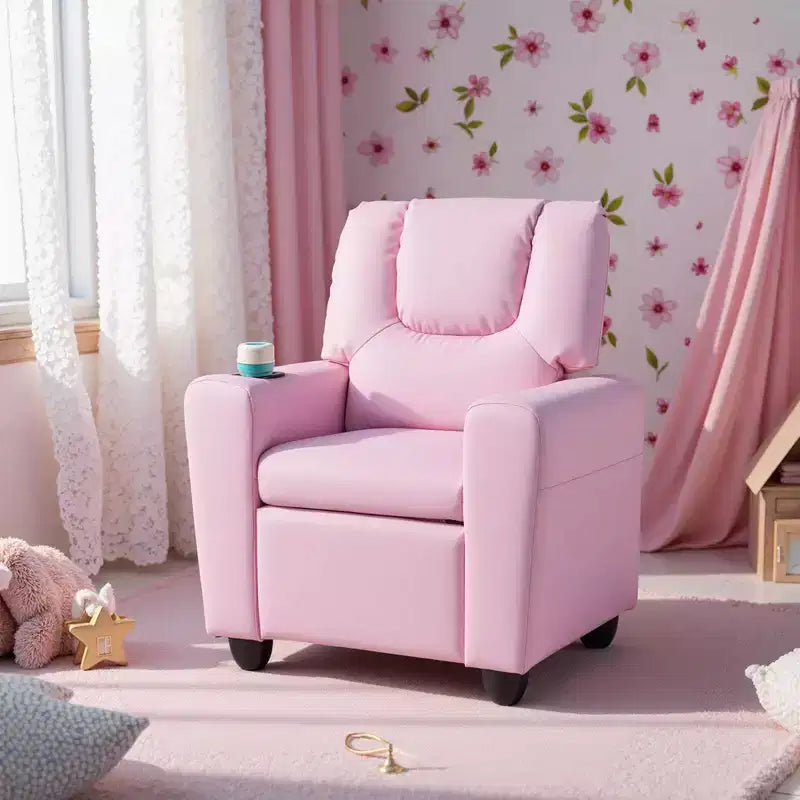 Kids Recliner Chair with Cup Holder & Side Pocket Adjustable Backrest Footrest Beige/Black/Pink/Brown