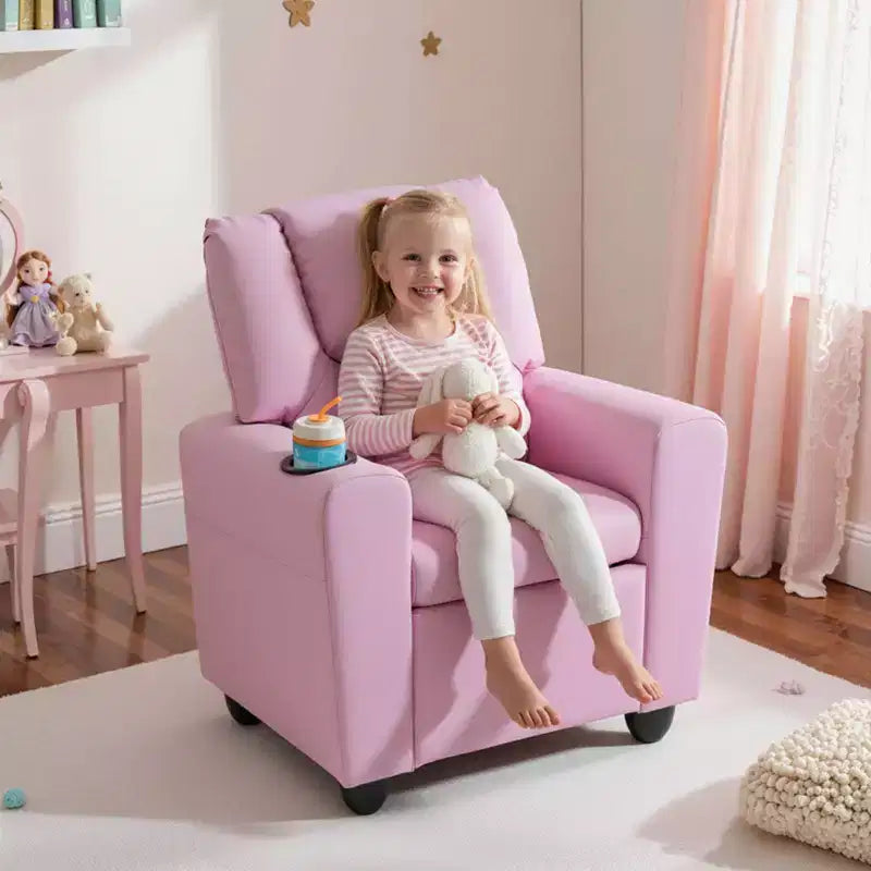 Kids Recliner Chair with Cup Holder & Side Pocket Adjustable Backrest Footrest Beige/Black/Pink/Brown