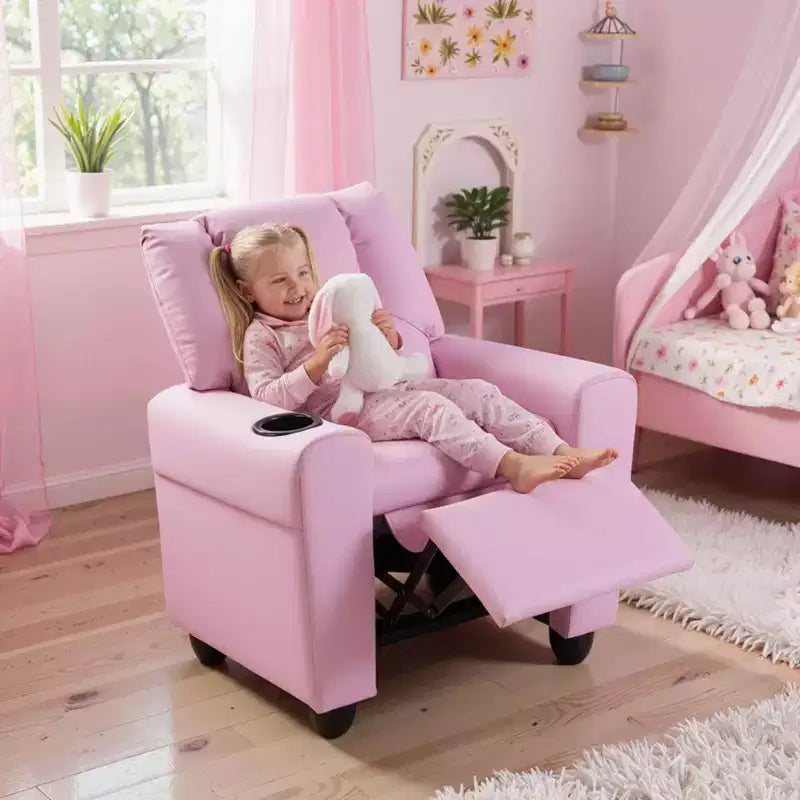 Kids Recliner Chair with Cup Holder & Side Pocket Adjustable Backrest Footrest Beige/Black/Pink/Brown