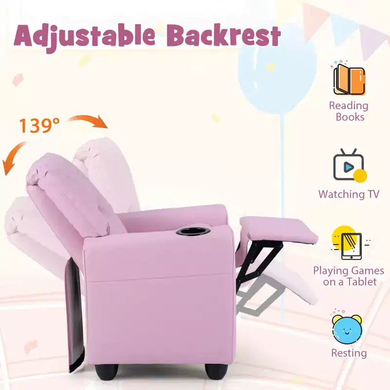 Kids Recliner Chair with Cup Holder & Side Pocket Adjustable Backrest Footrest Beige/Black/Pink/Brown
