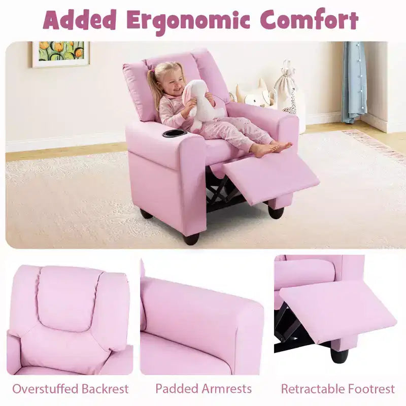 Kids Recliner Chair with Cup Holder & Side Pocket Adjustable Backrest Footrest Beige/Black/Pink/Brown
