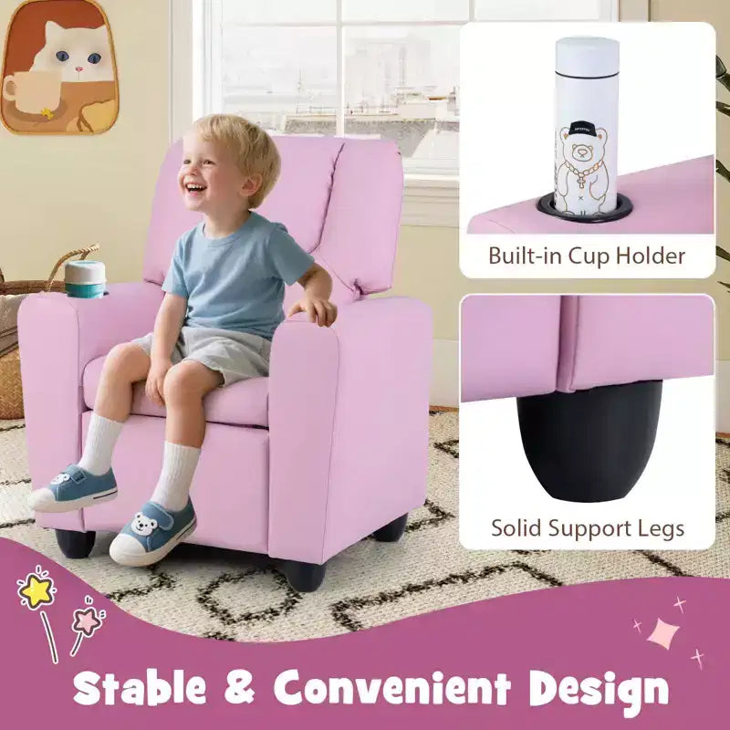 Kids Recliner Chair with Cup Holder & Side Pocket Adjustable Backrest Footrest Beige/Black/Pink/Brown