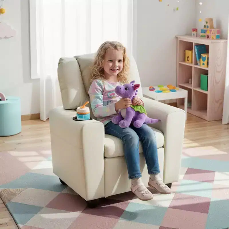 Kids Recliner Chair with Cup Holder & Side Pocket Adjustable Backrest Footrest Beige/Black/Pink/Brown