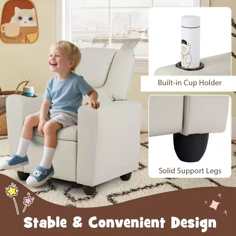 Kids Recliner Chair with Cup Holder & Side Pocket Adjustable Backrest Footrest Beige/Black/Pink/Brown