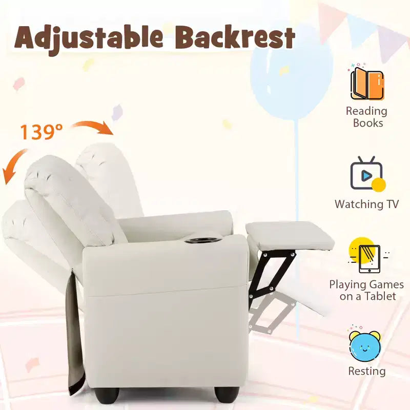 Kids Recliner Chair with Cup Holder & Side Pocket Adjustable Backrest Footrest Beige/Black/Pink/Brown