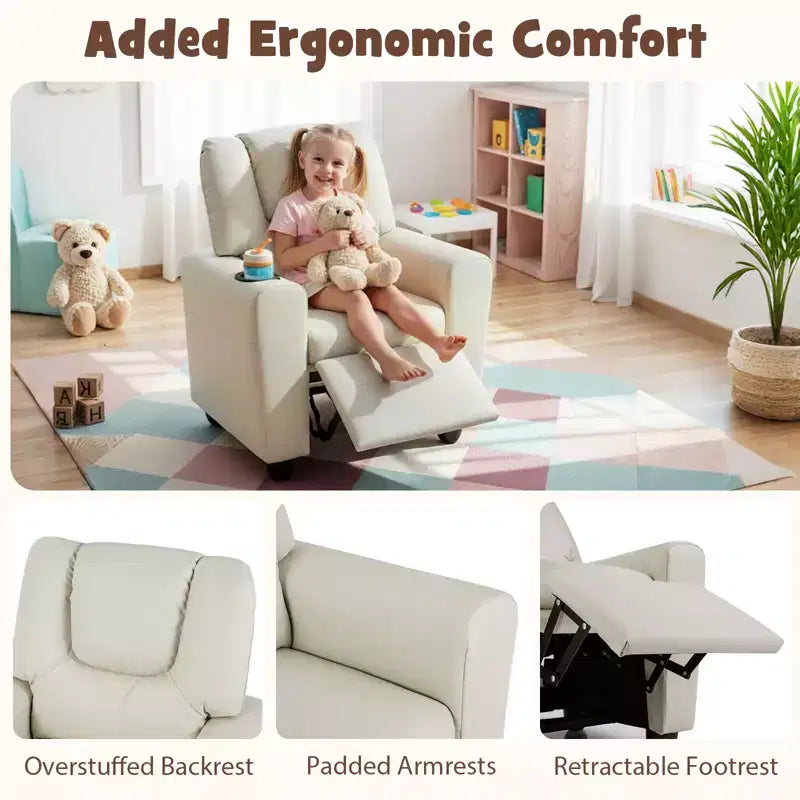 Kids Recliner Chair with Cup Holder & Side Pocket Adjustable Backrest Footrest Beige/Black/Pink/Brown