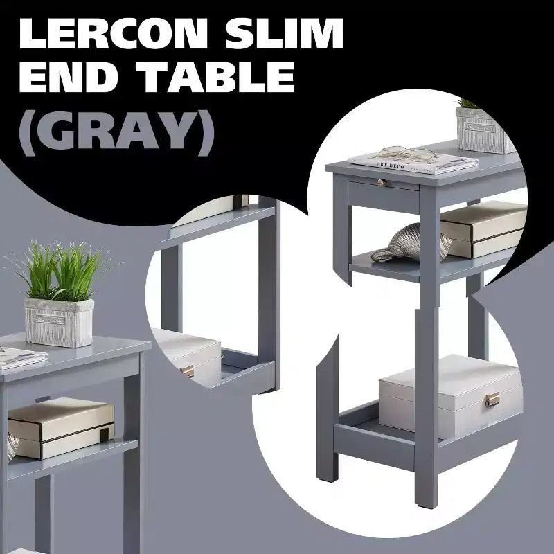 Slim Wood Side End Table with Storage Shelves & Pull-Out Tray, Nightstand for Bedroom, Living Room