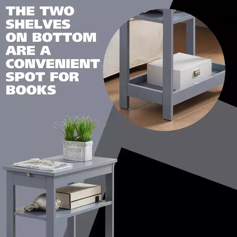 Slim Wood Side End Table with Storage Shelves & Pull-Out Tray, Nightstand for Bedroom, Living Room