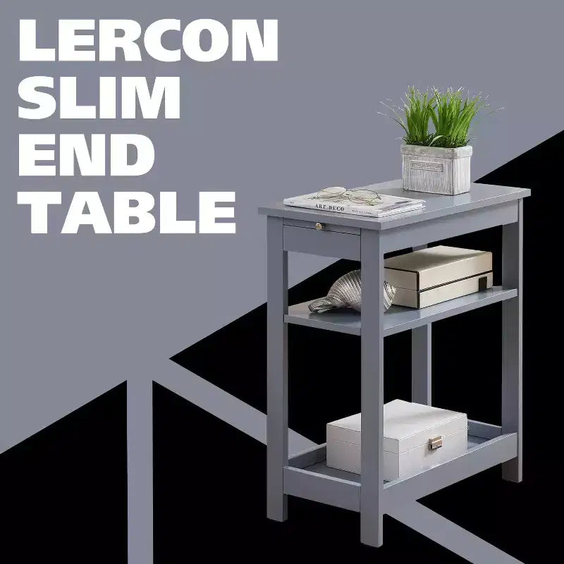 Slim Wood Side End Table with Storage Shelves & Pull-Out Tray, Nightstand for Bedroom, Living Room