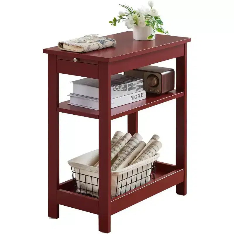 Slim Wood Side End Table with Storage Shelves & Pull-Out Tray, Nightstand for Bedroom, Living Room