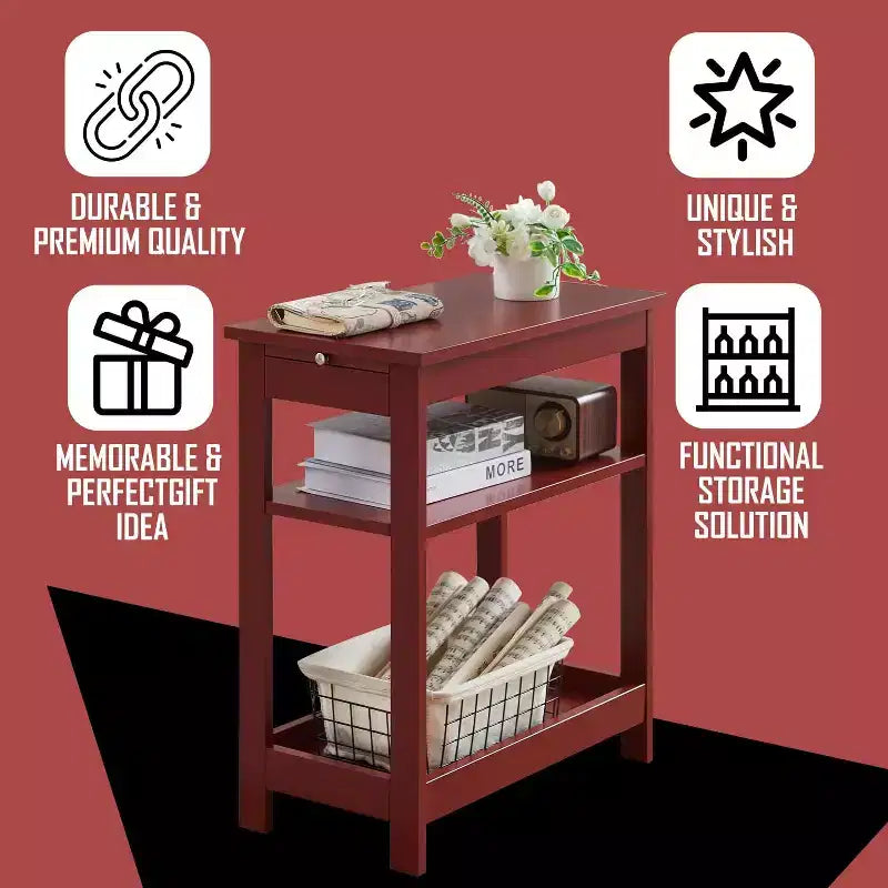 Slim Wood Side End Table with Storage Shelves & Pull-Out Tray, Nightstand for Bedroom, Living Room