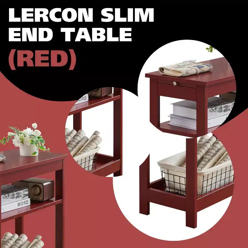 Slim Wood Side End Table with Storage Shelves & Pull-Out Tray, Nightstand for Bedroom, Living Room