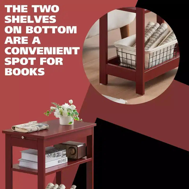 Slim Wood Side End Table with Storage Shelves & Pull-Out Tray, Nightstand for Bedroom, Living Room