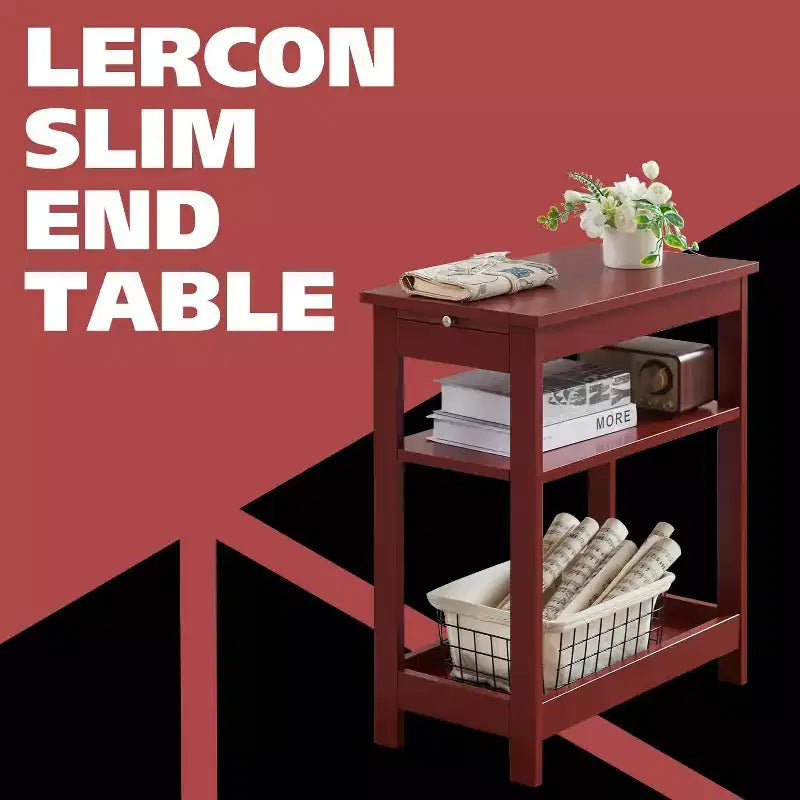 Slim Wood Side End Table with Storage Shelves & Pull-Out Tray, Nightstand for Bedroom, Living Room