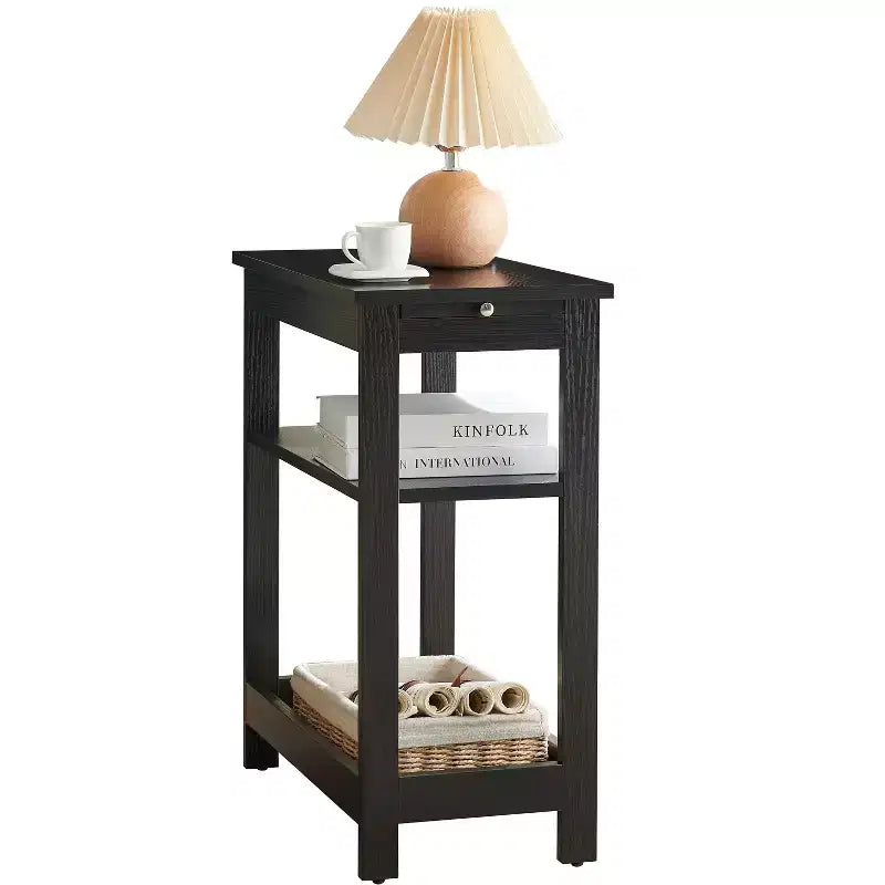 Slim Wood Side End Table with Storage Shelves & Pull-Out Tray, Nightstand for Bedroom, Living Room