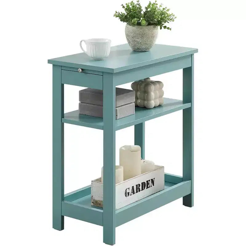 Slim Wood Side End Table with Storage Shelves & Pull-Out Tray, Nightstand for Bedroom, Living Room