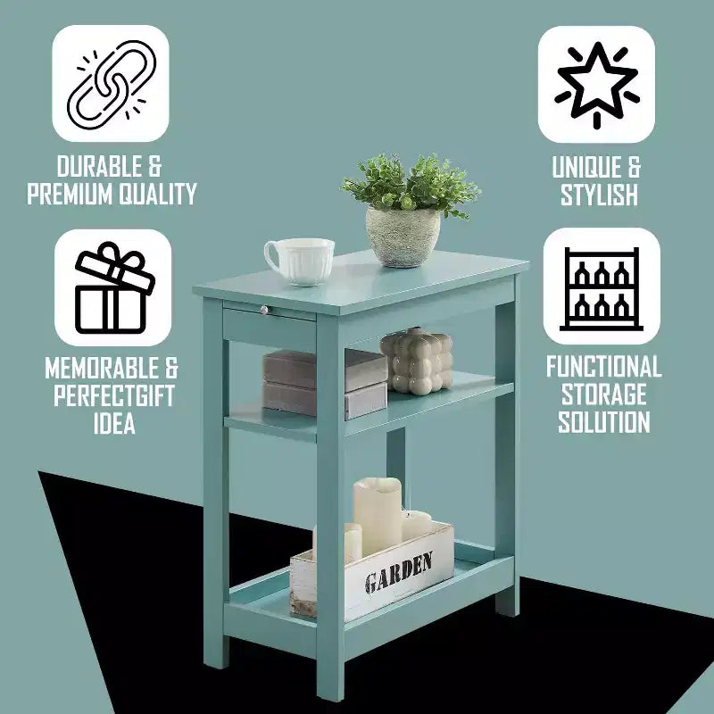 Slim Wood Side End Table with Storage Shelves & Pull-Out Tray, Nightstand for Bedroom, Living Room