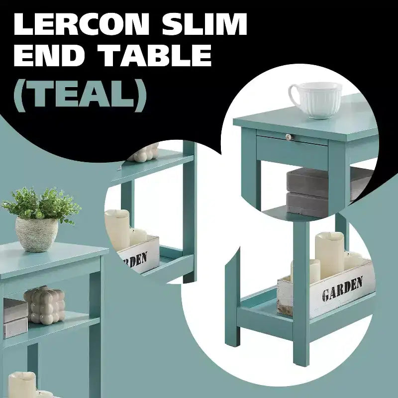 Slim Wood Side End Table with Storage Shelves & Pull-Out Tray, Nightstand for Bedroom, Living Room