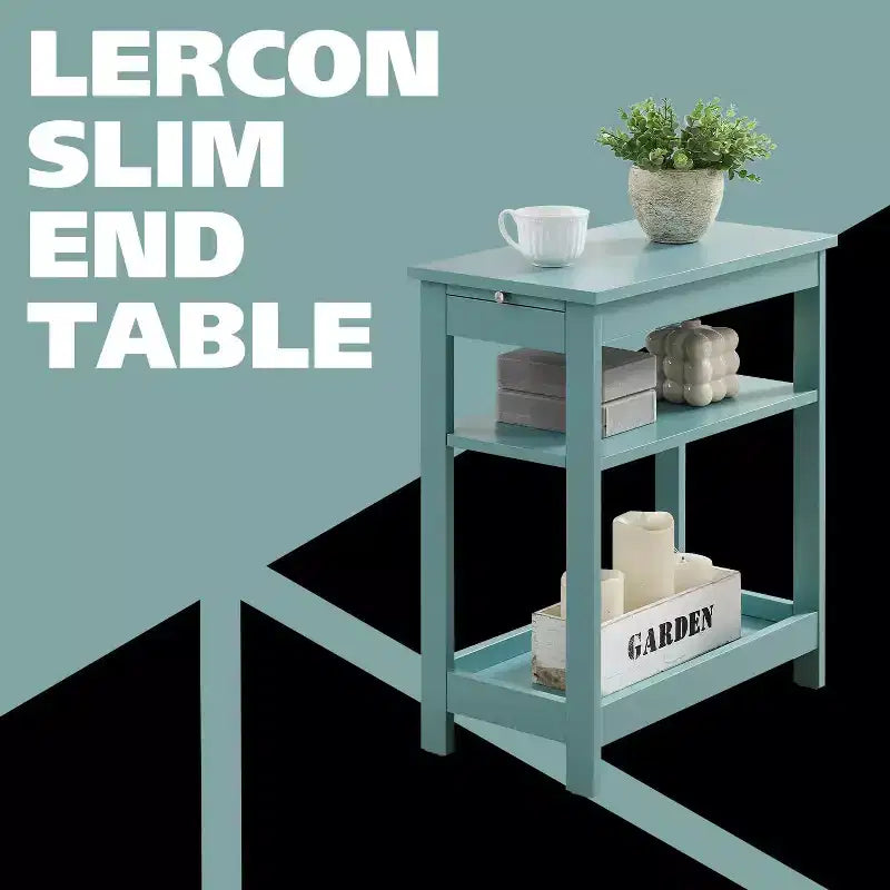 Slim Wood Side End Table with Storage Shelves & Pull-Out Tray, Nightstand for Bedroom, Living Room