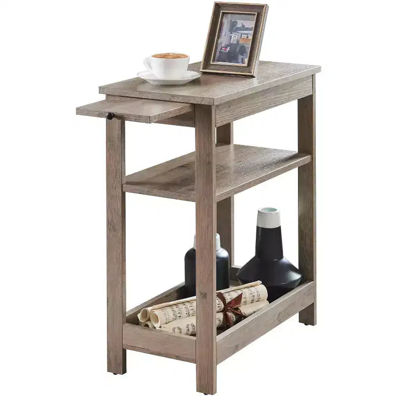 Slim Wood Side End Table with Storage Shelves & Pull-Out Tray, Nightstand for Bedroom, Living Room