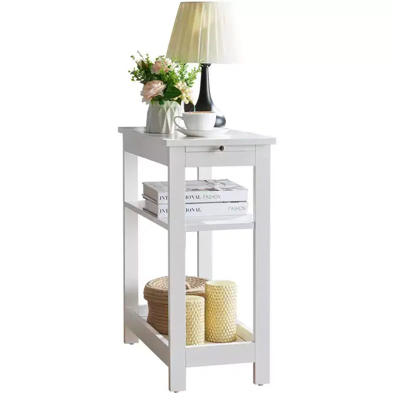 Slim Wood Side End Table with Storage Shelves & Pull-Out Tray, Nightstand for Bedroom, Living Room