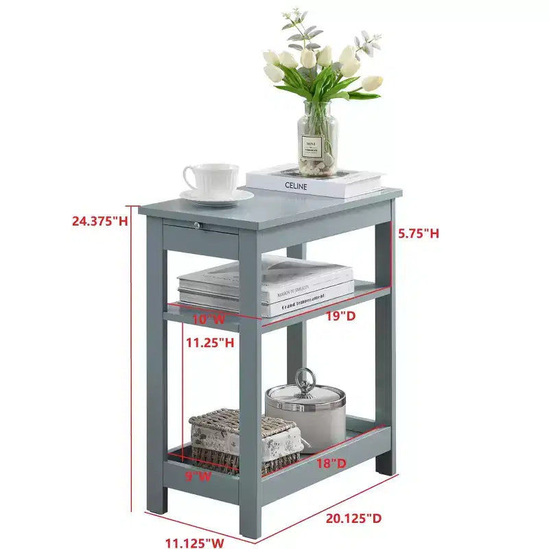 Slim Wood Side End Table with Storage Shelves & Pull-Out Tray, Nightstand for Bedroom, Living Room