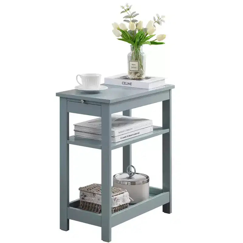 Slim Wood Side End Table with Storage Shelves & Pull-Out Tray, Nightstand for Bedroom, Living Room