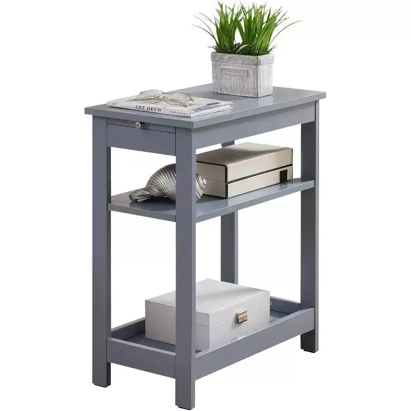 Slim Wood Side End Table with Storage Shelves & Pull-Out Tray, Nightstand for Bedroom, Living Room