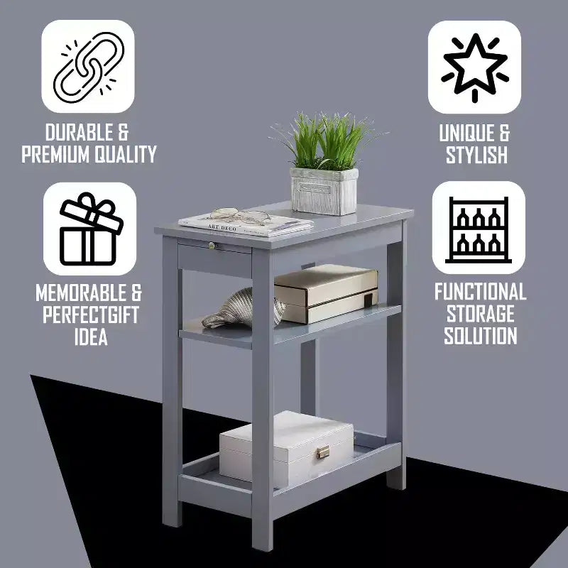 Slim Wood Side End Table with Storage Shelves & Pull-Out Tray, Nightstand for Bedroom, Living Room