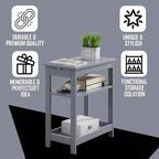 Smalle houten bijzettafel met opbergplanken en uitschuifbaar blad, nachtkastje voor slaapkamer en woonkamer