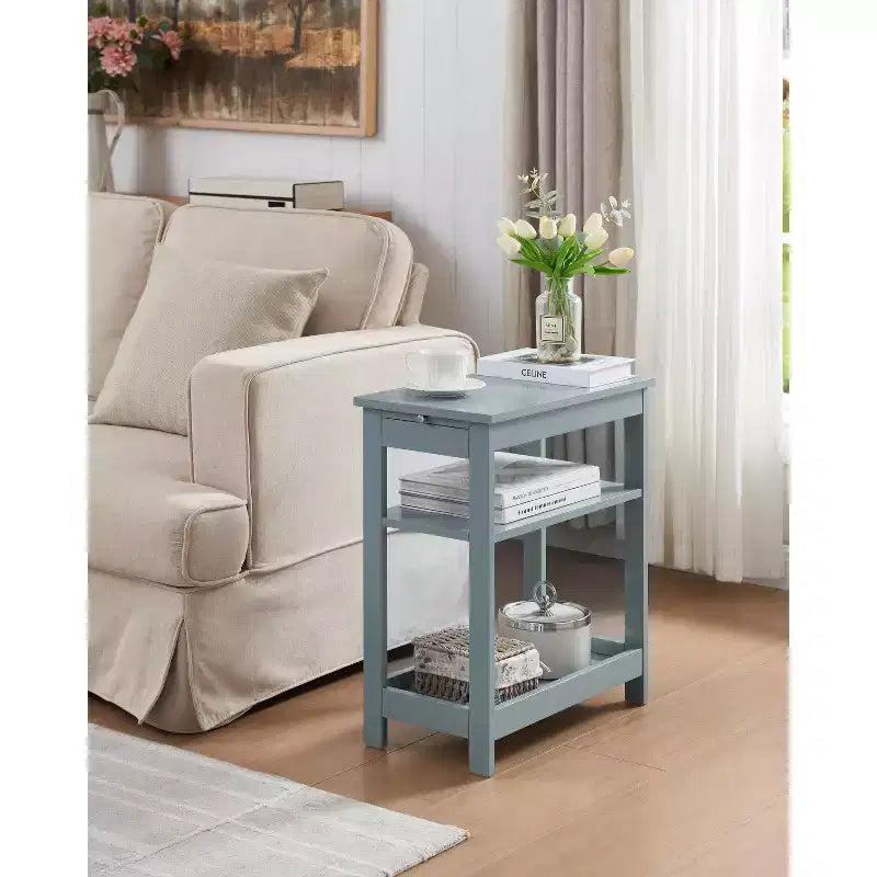 Slim Wood Side End Table with Storage Shelves & Pull-Out Tray, Nightstand for Bedroom, Living Room
