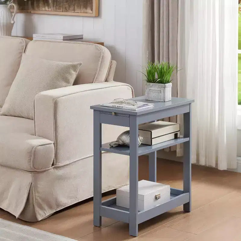 Slim Wood Side End Table with Storage Shelves & Pull-Out Tray, Nightstand for Bedroom, Living Room